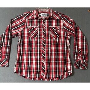Chals Fame Jeans Inc Mens 2XL Western Shirt Red Black Plaid Long Sleeve